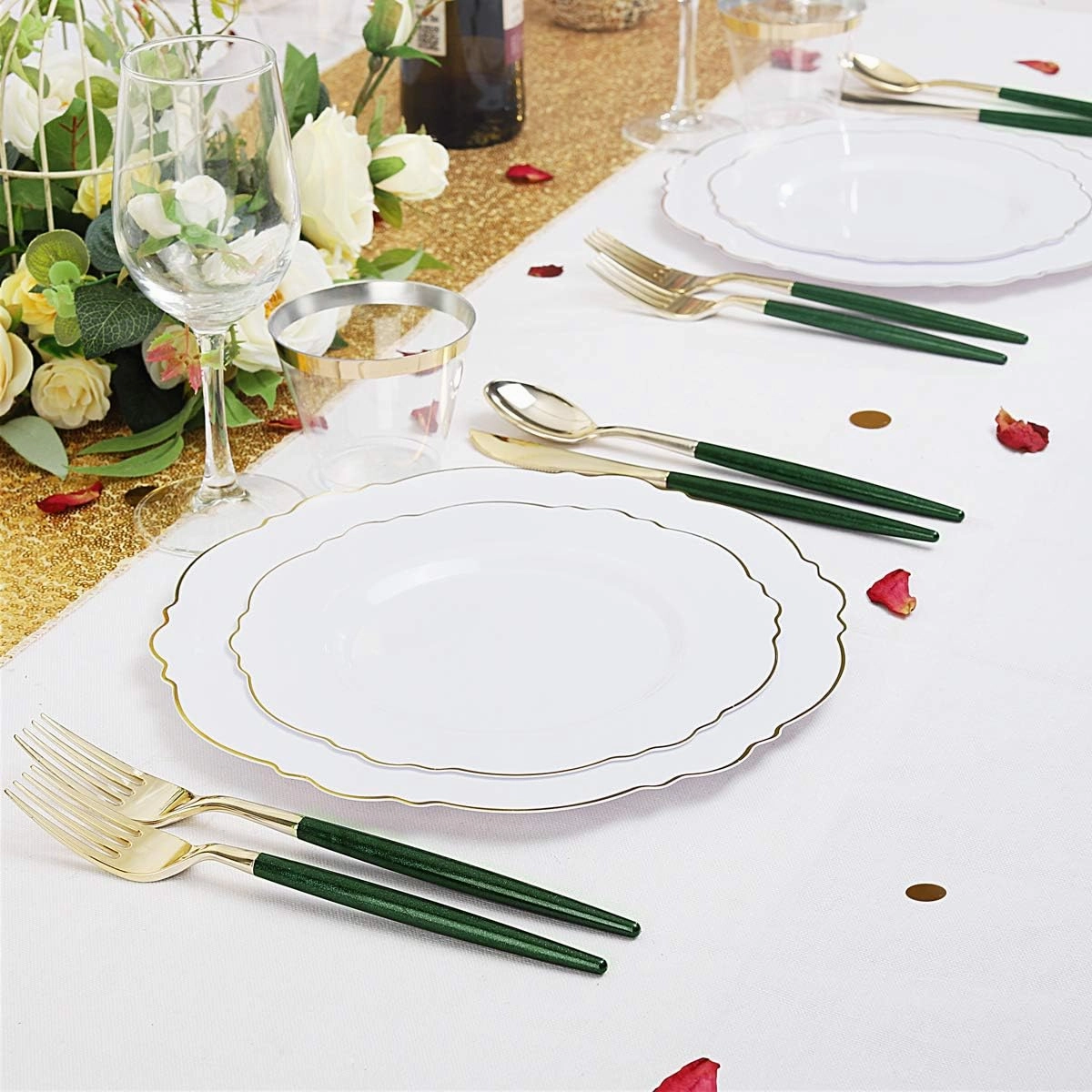 Supernal 180pcs Gold-Silver Plastic Cutlery, Green Glitter Handles - 45 Knives, 45 Dinner & Dessert Forks, 45 Spoons, Perfect for Parties & Birthdays