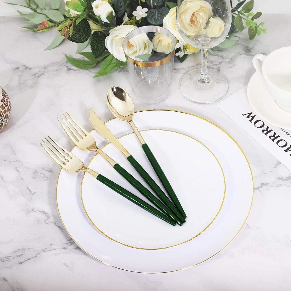 Supernal 180pcs Gold-Silver Plastic Cutlery, Green Glitter Handles - 45 Knives, 45 Dinner & Dessert Forks, 45 Spoons, Perfect for Parties & Birthdays