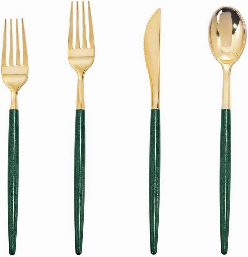 Supernal 180pcs Gold-Silver Plastic Cutlery, Green Glitter Handles - 45 Knives, 45 Dinner & Dessert Forks, 45 Spoons, Perfect for Parties & Birthdays