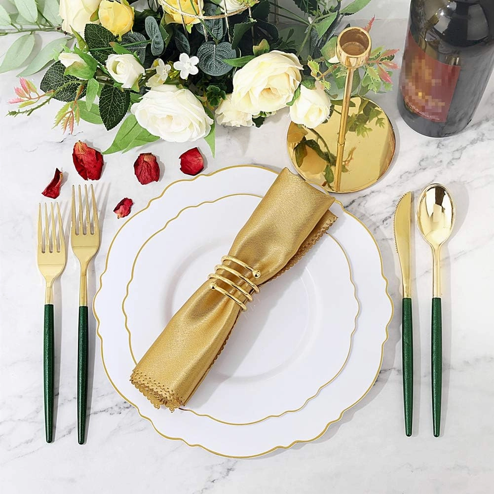 Supernal 180pcs Gold-Silver Plastic Cutlery, Green Glitter Handles - 45 Knives, 45 Dinner & Dessert Forks, 45 Spoons, Perfect for Parties & Birthdays