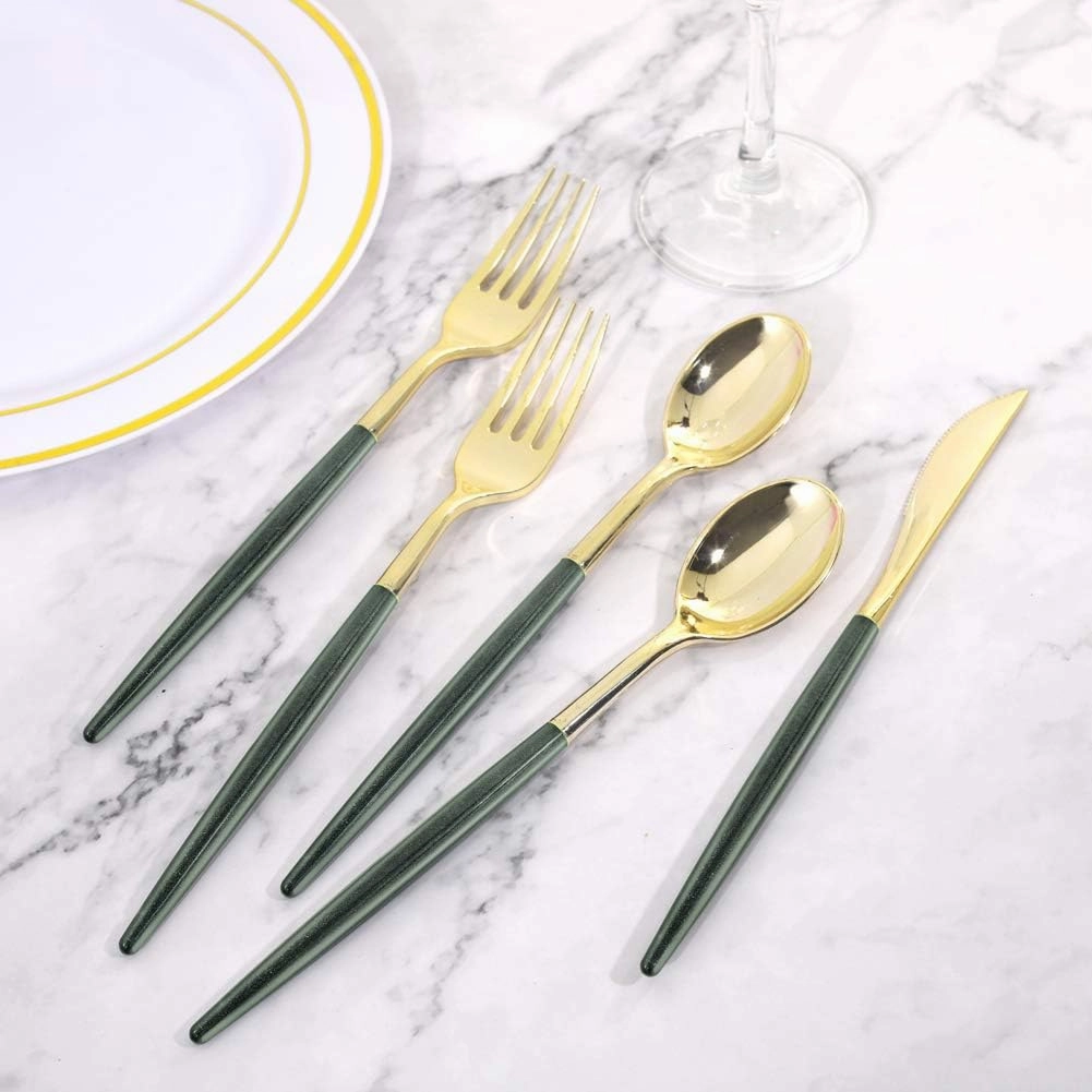 Supernal 180pcs Gold-Silver Plastic Cutlery, Green Glitter Handles - 45 Knives, 45 Dinner & Dessert Forks, 45 Spoons, Perfect for Parties & Birthdays