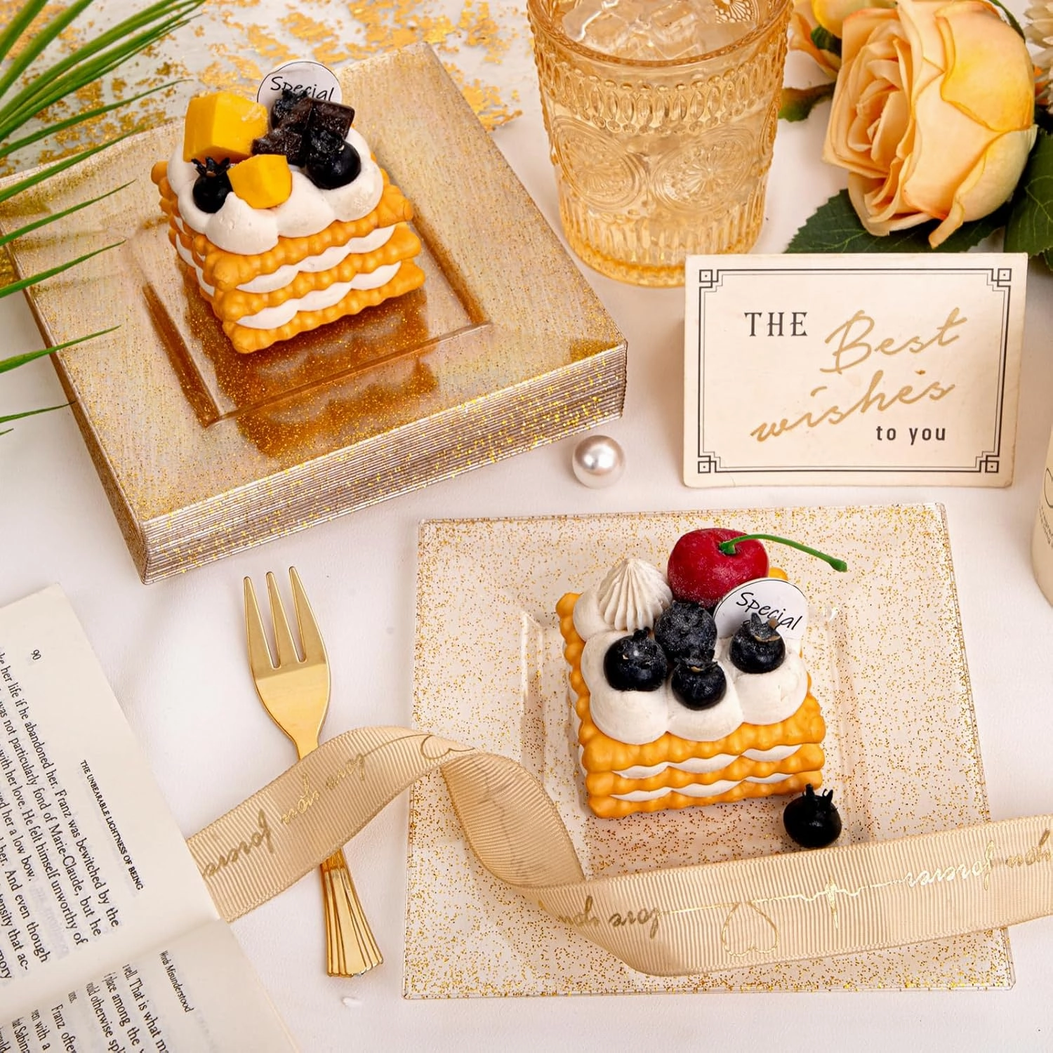 Supernal 200Pcs 6" Dessert Plates Gold Glitter with Gold Plastic Forks 5.7",Plastic Square Plates for 100 Guests,Party Plastic Salad Plates Appetizer Square Plates Suit for Party, Wedding, Birthday