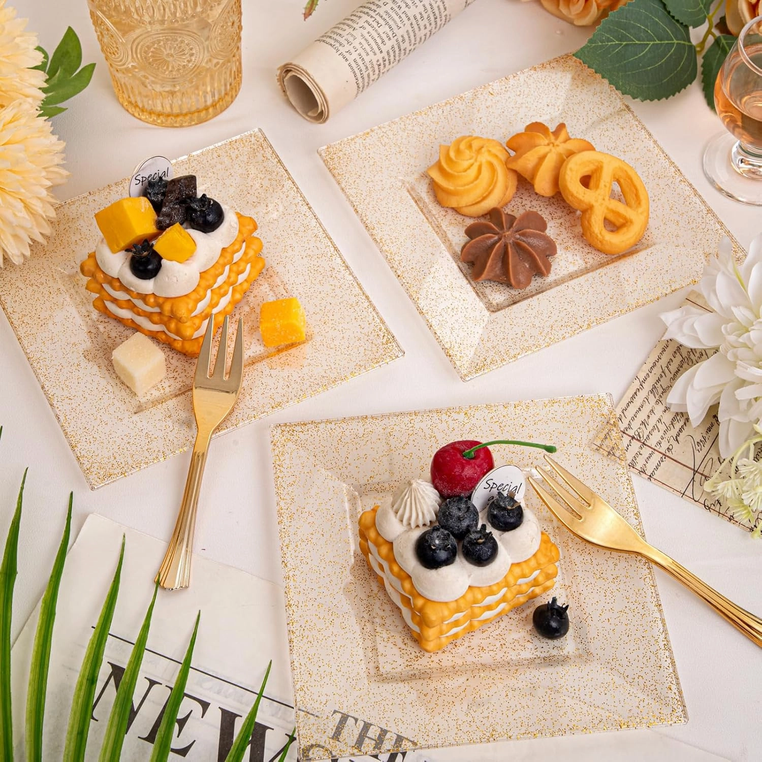 Supernal 200Pcs 6" Dessert Plates Gold Glitter with Gold Plastic Forks 5.7",Plastic Square Plates for 100 Guests,Party Plastic Salad Plates Appetizer Square Plates Suit for Party, Wedding, Birthday