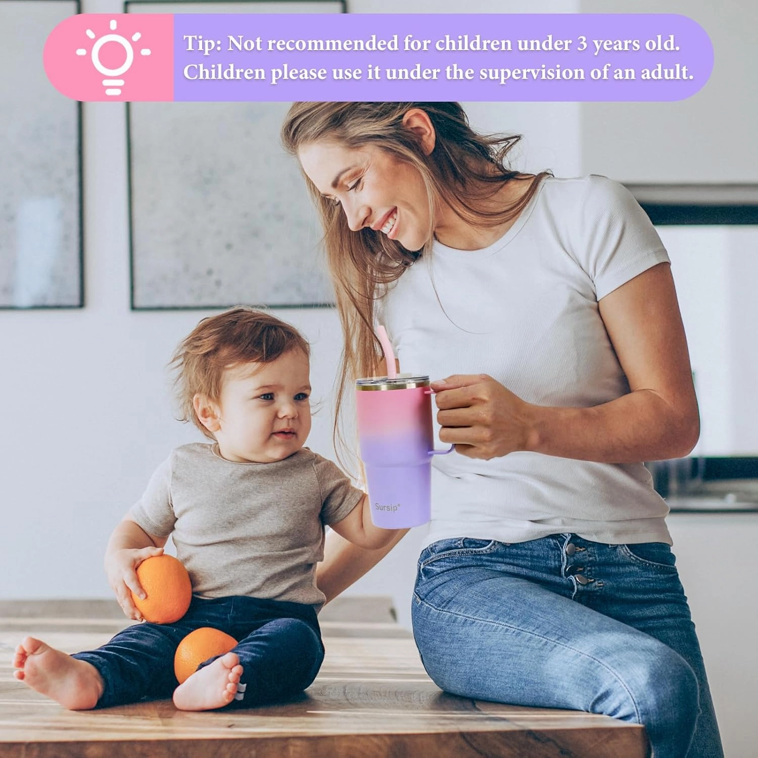 Sursip 24 oz Insulated Cup with Handle, Double Wall Vacuum Stainless Steel Tumbler with Straw and 2 Lids, For Cold/Hot Drinks, Coffee Travel Mug for Car/Home/Office/Party/Camping (Pink-1 Pack)