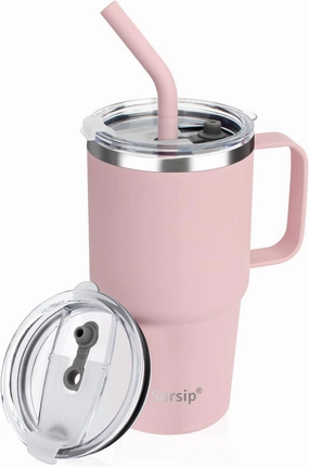 Sursip 24 oz Insulated Cup with Handle, Double Wall Vacuum Stainless Steel Tumbler with Straw and 2 Lids, For Cold/Hot Drinks, Coffee Travel Mug for Car/Home/Office/Party/Camping (Pink-1 Pack)