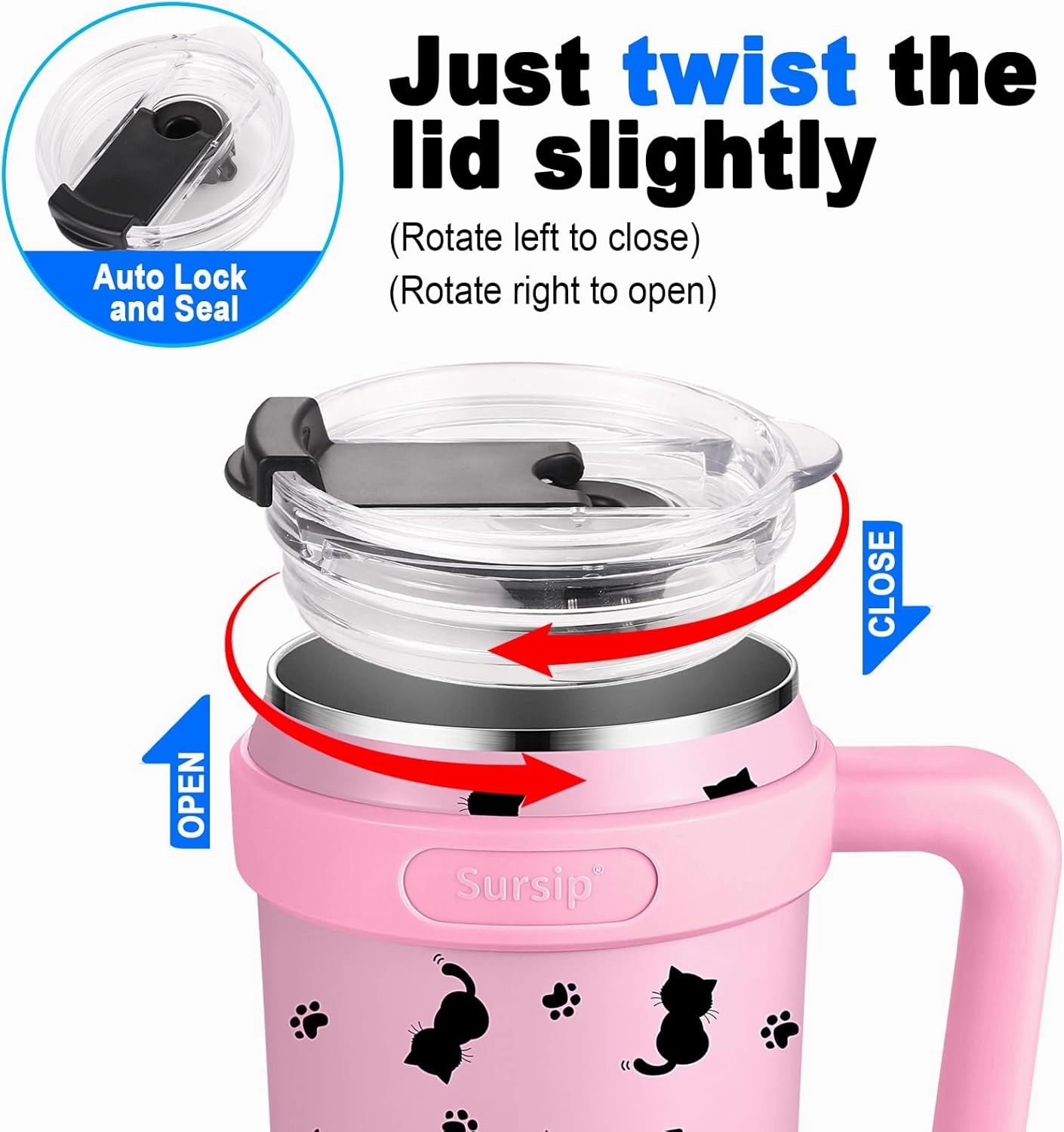 Sursip 40 oz Insulated Tumbler with Screw Lid - Stainless Steel Vacuum Cup with Straw and Handle, For Cold/Hot Drinks - Sweat/Leak Proof, Fits Cup Holder, Ideal Gifts for Women/Men (Pink Kitten)