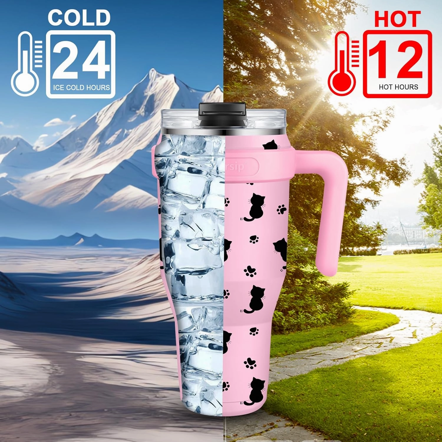 Sursip 40 oz Insulated Tumbler with Screw Lid - Stainless Steel Vacuum Cup with Straw and Handle, For Cold/Hot Drinks - Sweat/Leak Proof, Fits Cup Holder, Ideal Gifts for Women/Men (Pink Kitten)