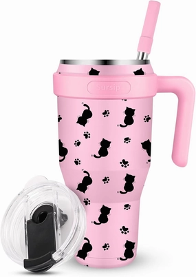 Sursip 40 oz Insulated Tumbler with Screw Lid - Stainless Steel Vacuum Cup with Straw and Handle, For Cold/Hot Drinks - Sweat/Leak Proof, Fits Cup Holder, Ideal Gifts for Women/Men (Pink Kitten)