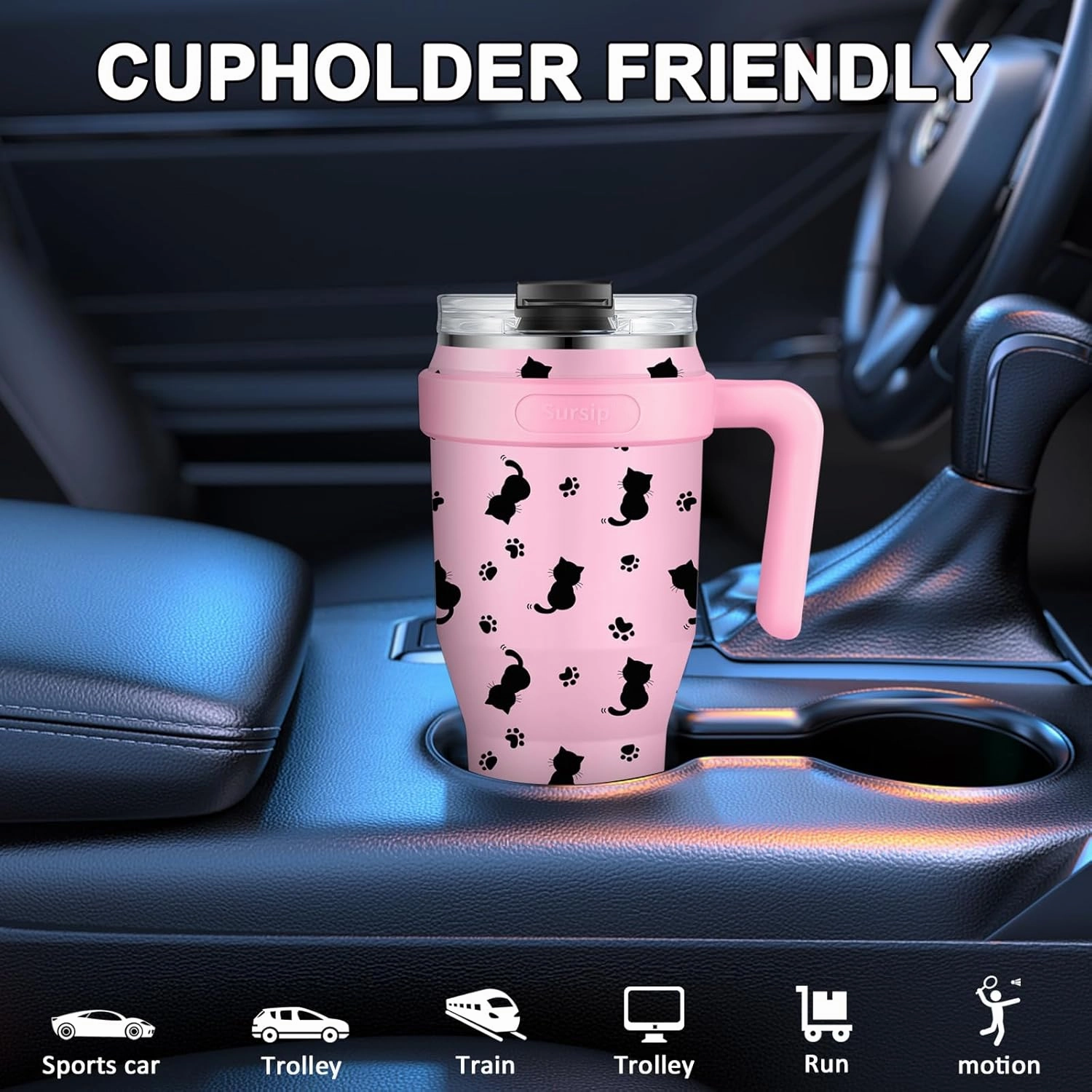 Sursip 40 oz Insulated Tumbler with Screw Lid - Stainless Steel Vacuum Cup with Straw and Handle, For Cold/Hot Drinks - Sweat/Leak Proof, Fits Cup Holder, Ideal Gifts for Women/Men (Pink Kitten)