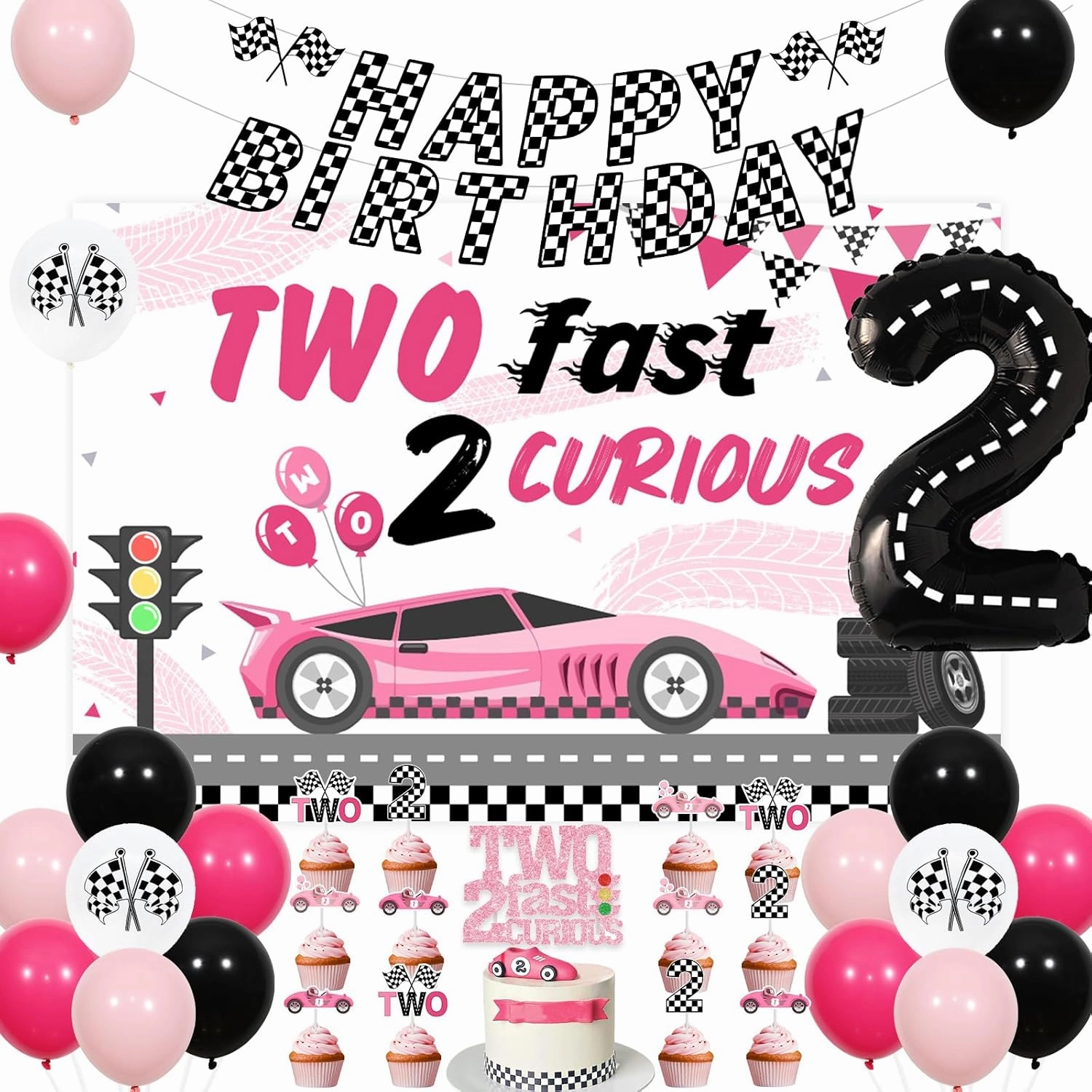 Sursurprise Two Fast Birthday Decorations for Girl, Two Fast 2 Curious Backdrop Cake Topper Racing Car Banner Pink Checkered Balloons, Race Car 2nd Birthday Let’s Go Racing Party Supplies