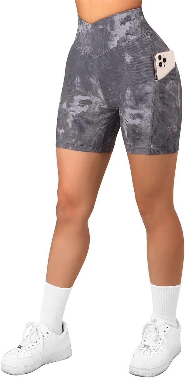 SUUKSESS Women Cross Workout Shorts with Pockets 5" High Waist Booty Biker Short
