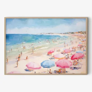 Taedfalesy Pink Beach Umbrella Unframed Abstract Canvas Wall Art, 16x24in, Pink Beach Scene, Watercolor, Matte Finish, Living Room Decor