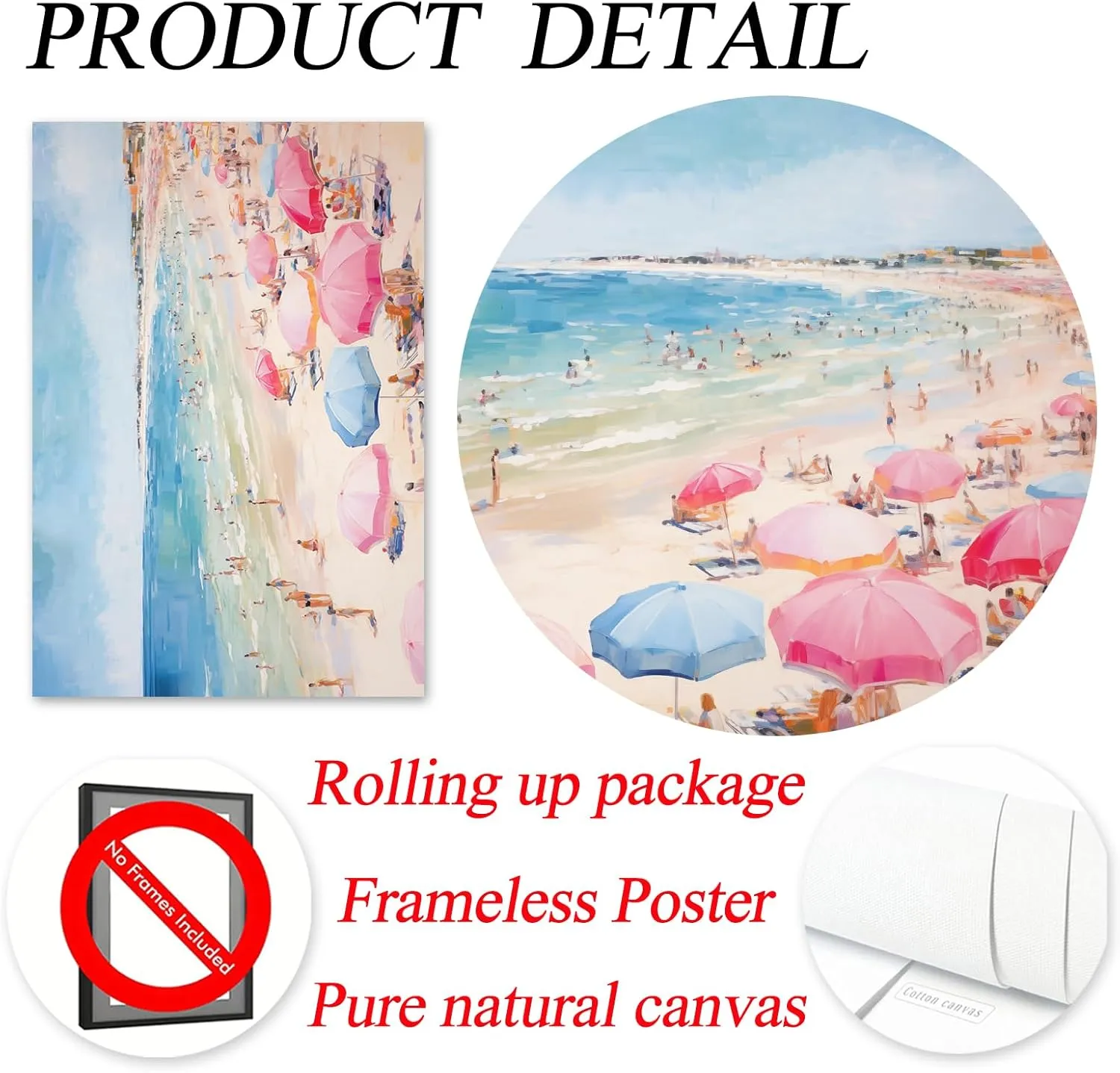 Taedfalesy Pink Beach Umbrella Unframed Abstract Canvas Wall Art, 16x24in, Pink Beach Scene, Watercolor, Matte Finish, Living Room Decor