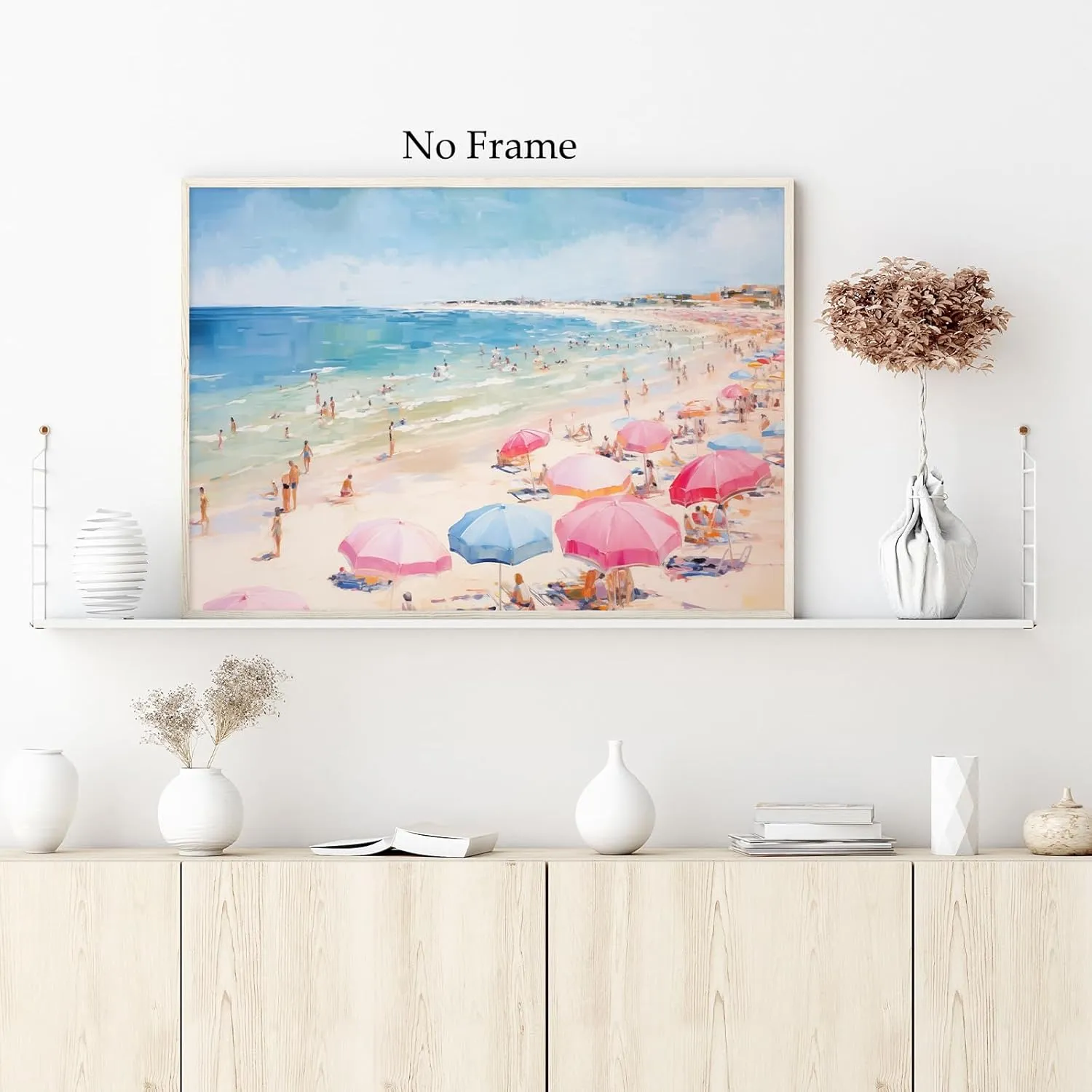 Taedfalesy Pink Beach Umbrella Unframed Abstract Canvas Wall Art, 16x24in, Pink Beach Scene, Watercolor, Matte Finish, Living Room Decor
