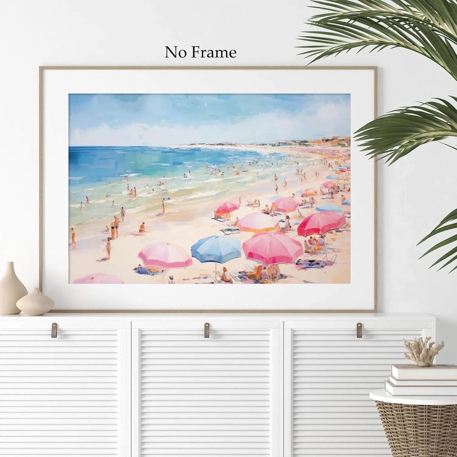 Taedfalesy Pink Beach Umbrella Unframed Abstract Canvas Wall Art, 16x24in, Pink Beach Scene, Watercolor, Matte Finish, Living Room Decor