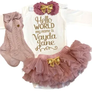 Take Home Outfit Baby Girl Outfit Personalized Name Hello World my name is Optional Tutu Bloomers Headband (Dusty Rose   Gold)