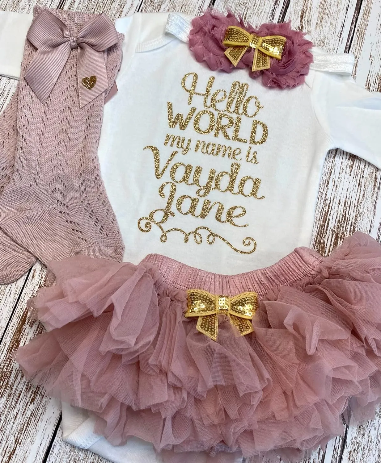 Take Home Outfit Baby Girl Outfit Personalized Name Hello World my name is Optional Tutu Bloomers Headband (Dusty Rose   Gold)