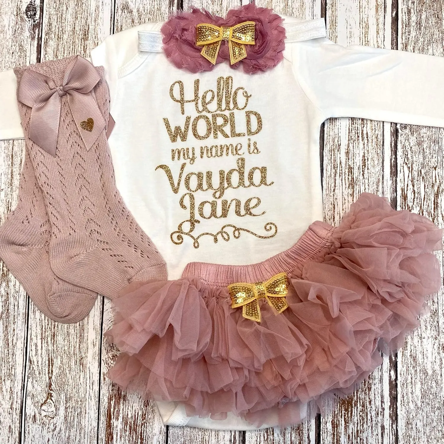 Take Home Outfit Baby Girl Outfit Personalized Name Hello World my name is Optional Tutu Bloomers Headband (Dusty Rose   Gold)