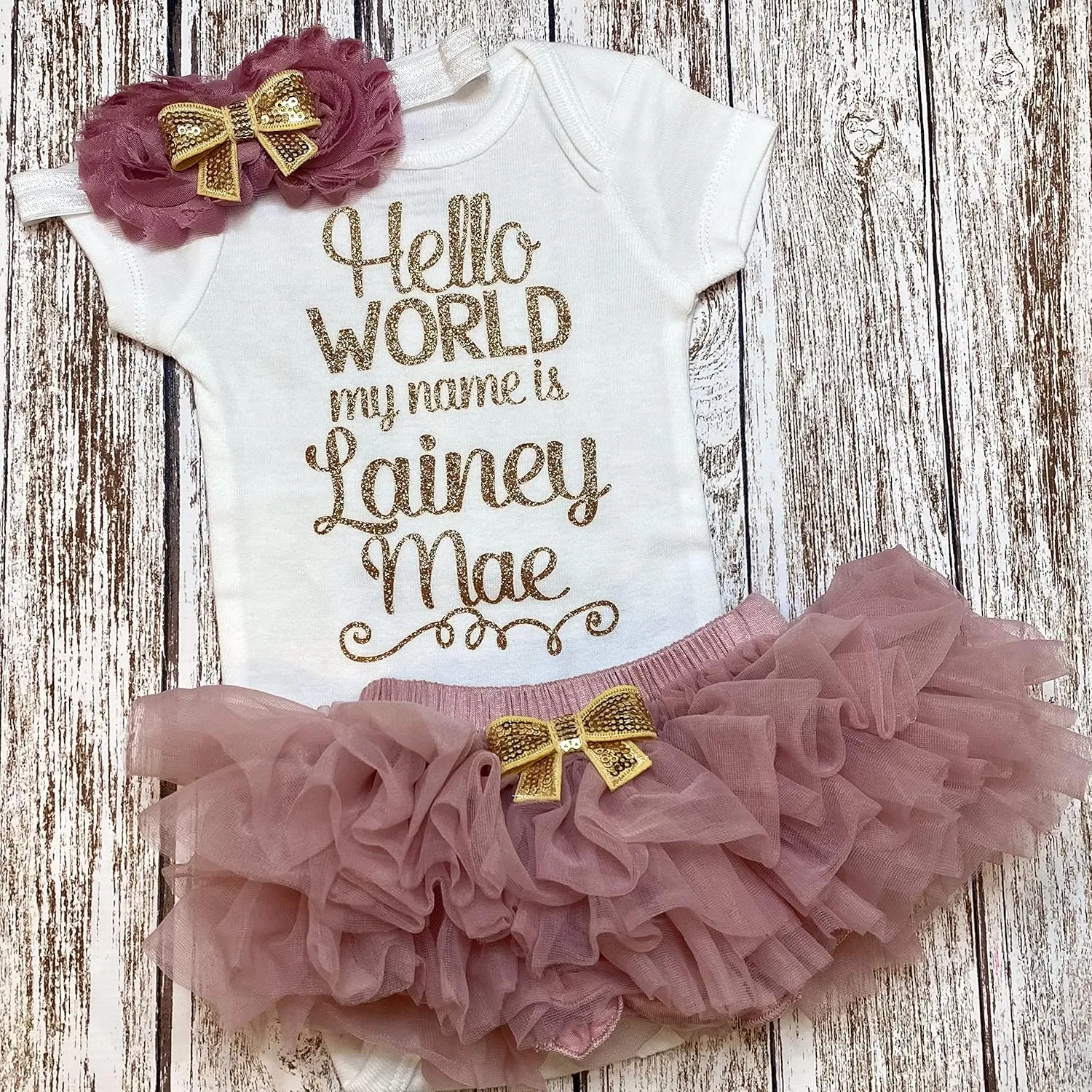 Take Home Outfit Baby Girl Outfit Personalized Name Hello World my name is Optional Tutu Bloomers Headband (Dusty Rose   Gold)