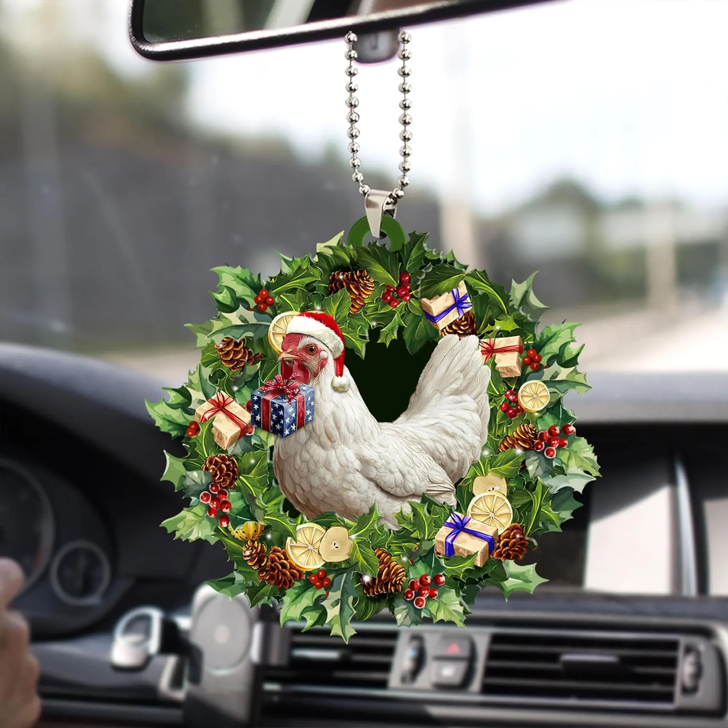 Talataca Chicken 2D Flat Christmas Ornament, Hen Wearing A Christmas Hat Wreath, Gallina Pine Tree Decor, Hanging House Charm Eve Keepsake, Car Rear View Mirror Accessories, Xmas Gift