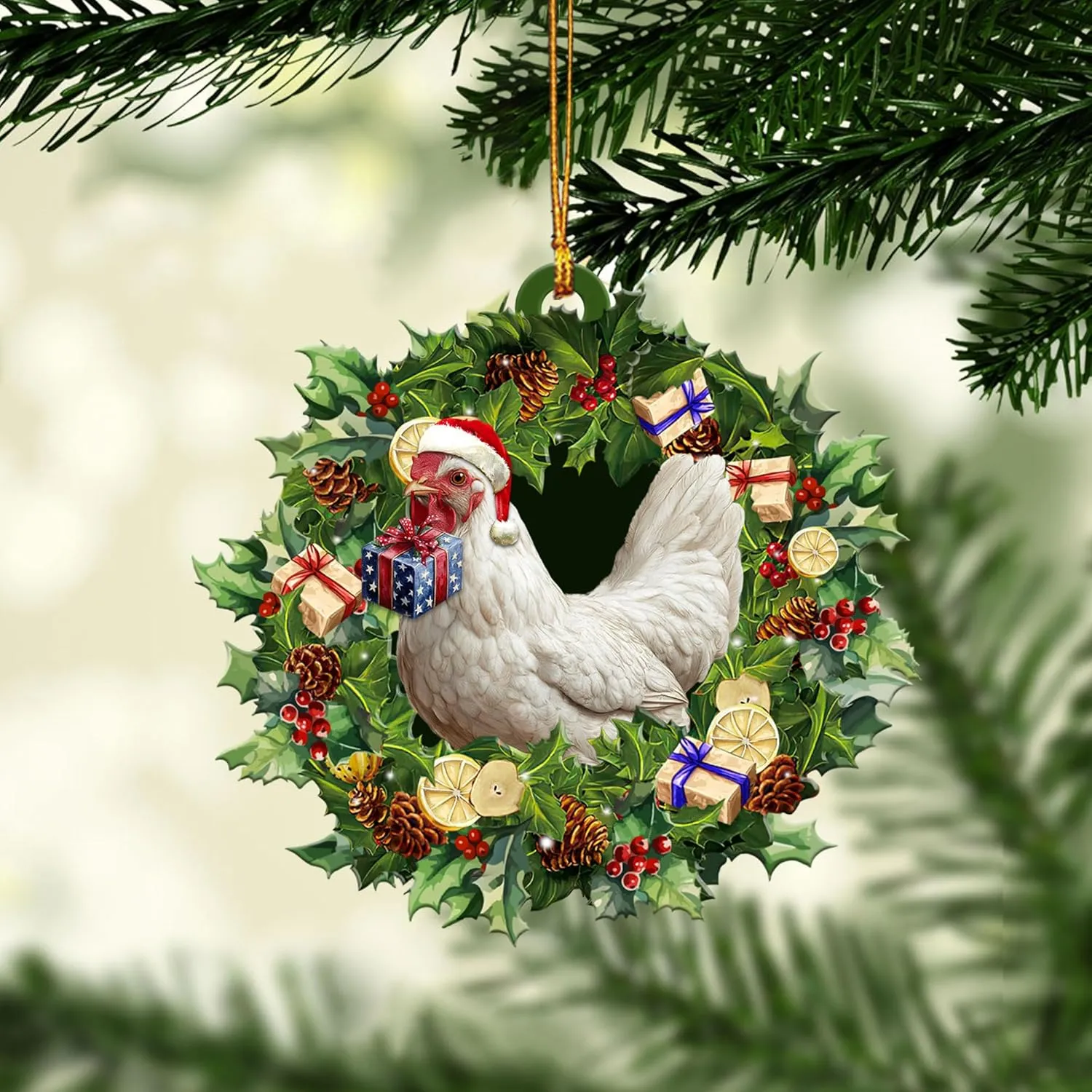 Talataca Chicken 2D Flat Christmas Ornament, Hen Wearing A Christmas Hat Wreath, Gallina Pine Tree Decor, Hanging House Charm Eve Keepsake, Car Rear View Mirror Accessories, Xmas Gift