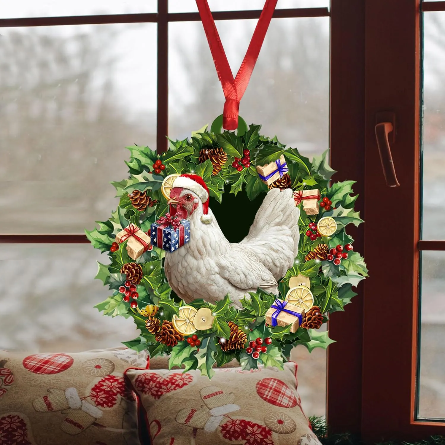 Talataca Chicken 2D Flat Christmas Ornament, Hen Wearing A Christmas Hat Wreath, Gallina Pine Tree Decor, Hanging House Charm Eve Keepsake, Car Rear View Mirror Accessories, Xmas Gift