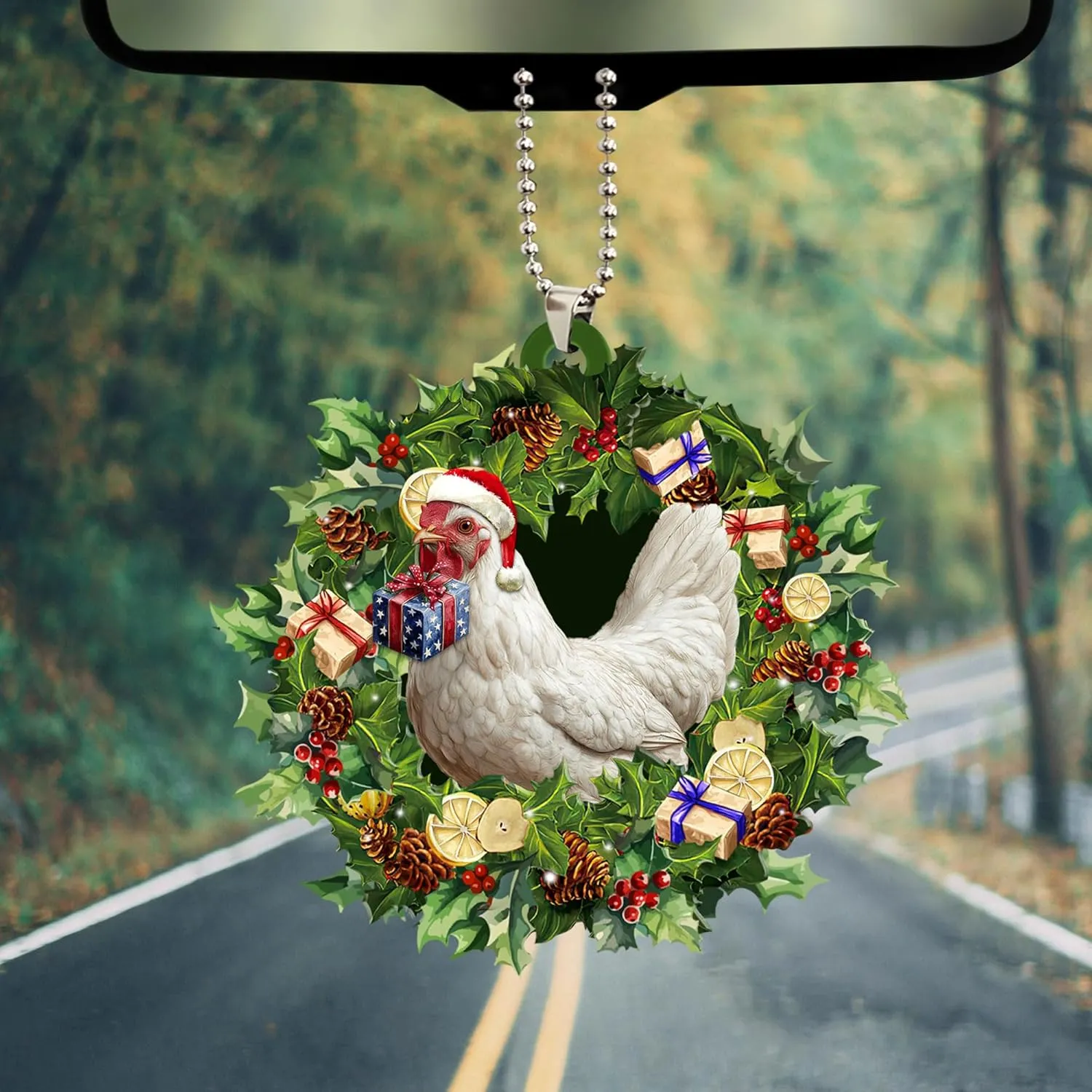Talataca Chicken 2D Flat Christmas Ornament, Hen Wearing A Christmas Hat Wreath, Gallina Pine Tree Decor, Hanging House Charm Eve Keepsake, Car Rear View Mirror Accessories, Xmas Gift