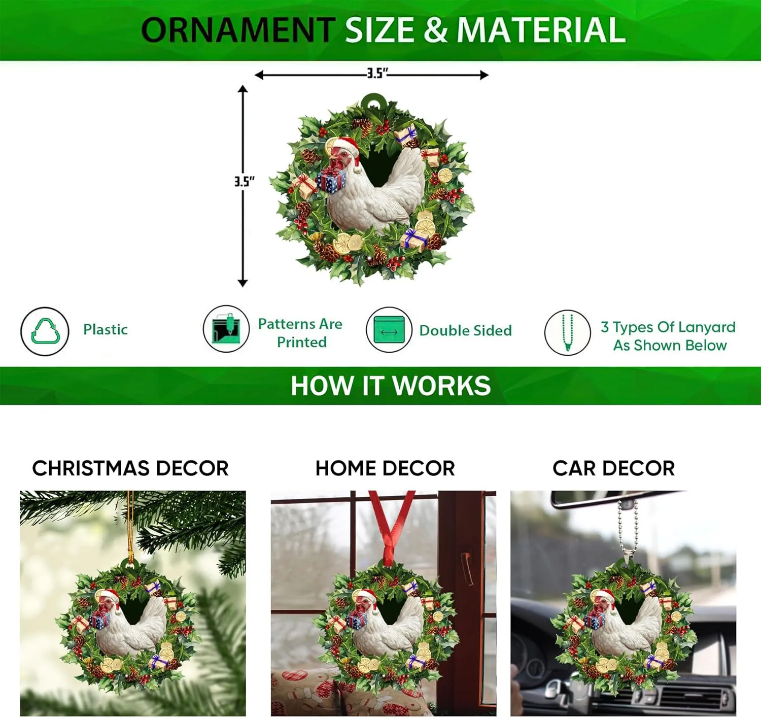 Talataca Chicken 2D Flat Christmas Ornament, Hen Wearing A Christmas Hat Wreath, Gallina Pine Tree Decor, Hanging House Charm Eve Keepsake, Car Rear View Mirror Accessories, Xmas Gift