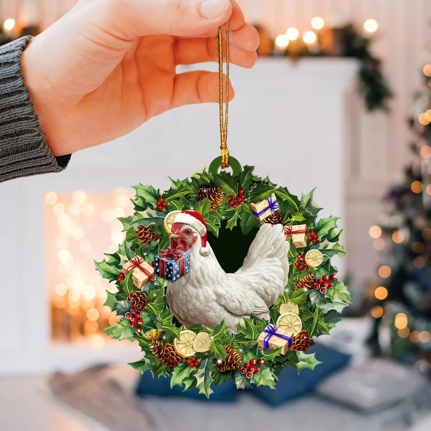 Talataca Chicken 2D Flat Christmas Ornament, Hen Wearing A Christmas Hat Wreath, Gallina Pine Tree Decor, Hanging House Charm Eve Keepsake, Car Rear View Mirror Accessories, Xmas Gift