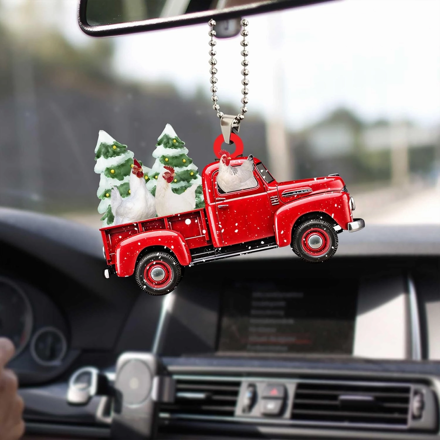Talataca Chicken 2D Flat Christmas Ornament, Hen Red Pickup Truck, Gallina Pine Tree Decor, Hanging House Charm Eve Keepsake, Car Rear View Mirror Accessories, Xmas Gift