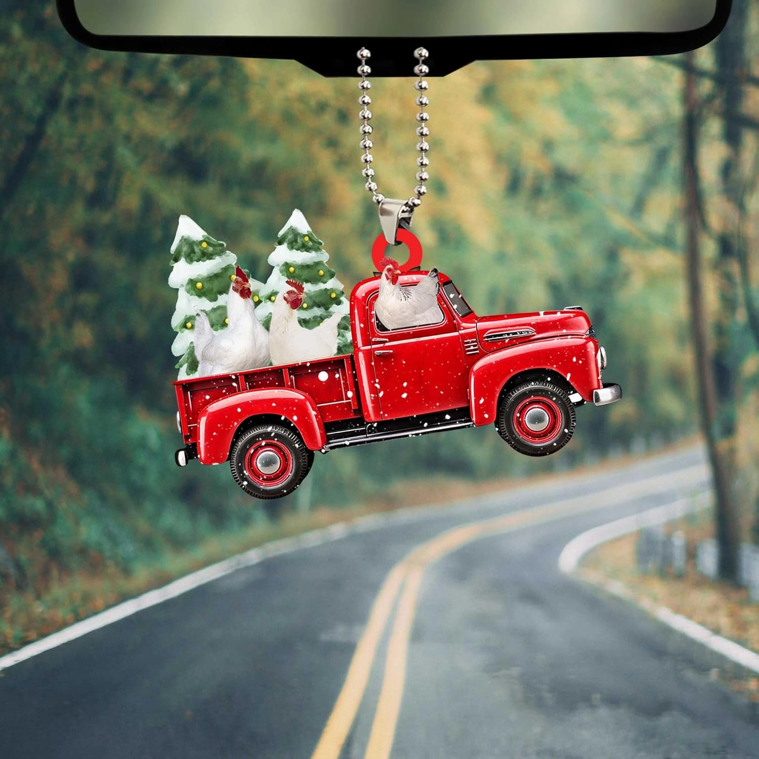Talataca Chicken 2D Flat Christmas Ornament, Hen Red Pickup Truck, Gallina Pine Tree Decor, Hanging House Charm Eve Keepsake, Car Rear View Mirror Accessories, Xmas Gift