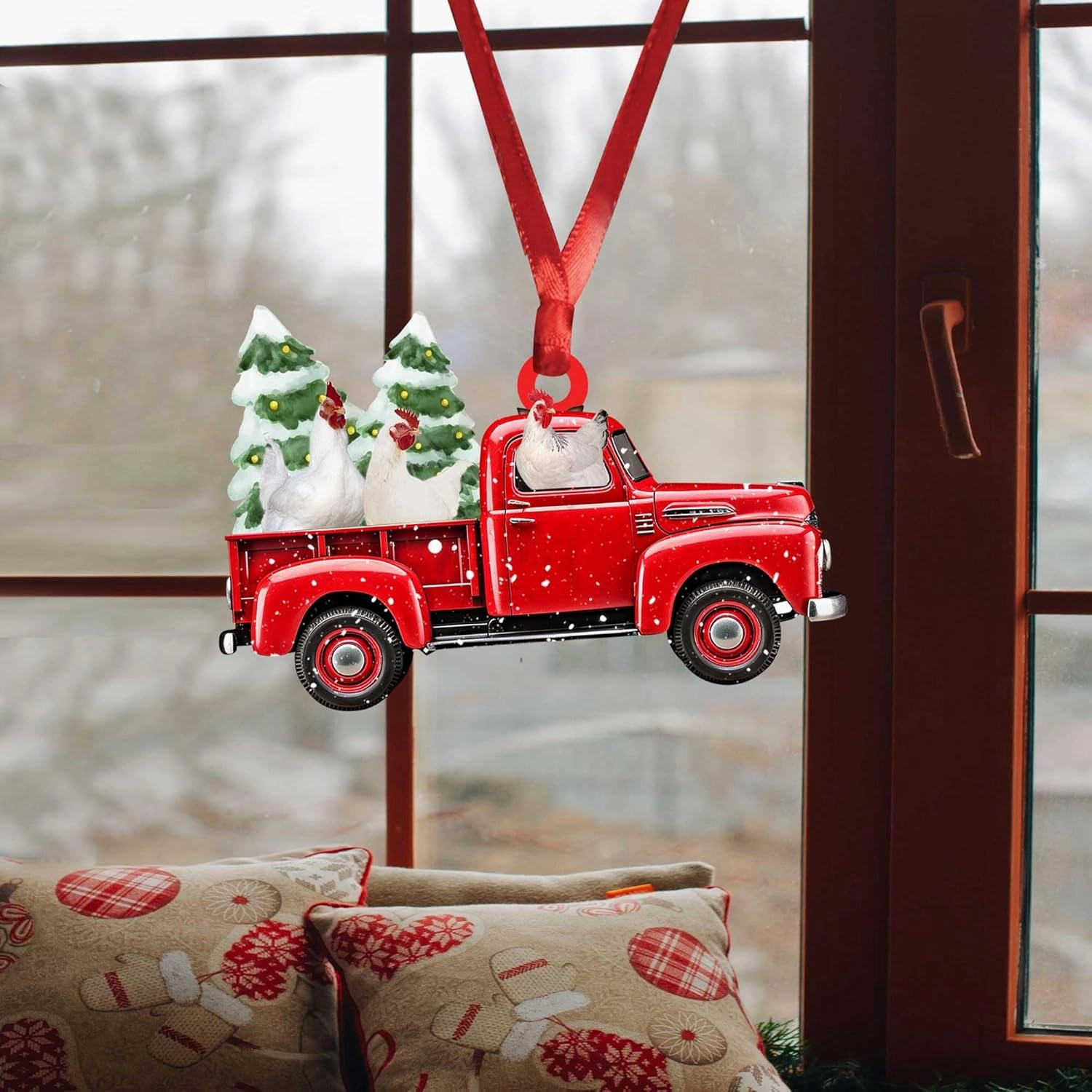 Talataca Chicken 2D Flat Christmas Ornament, Hen Red Pickup Truck, Gallina Pine Tree Decor, Hanging House Charm Eve Keepsake, Car Rear View Mirror Accessories, Xmas Gift