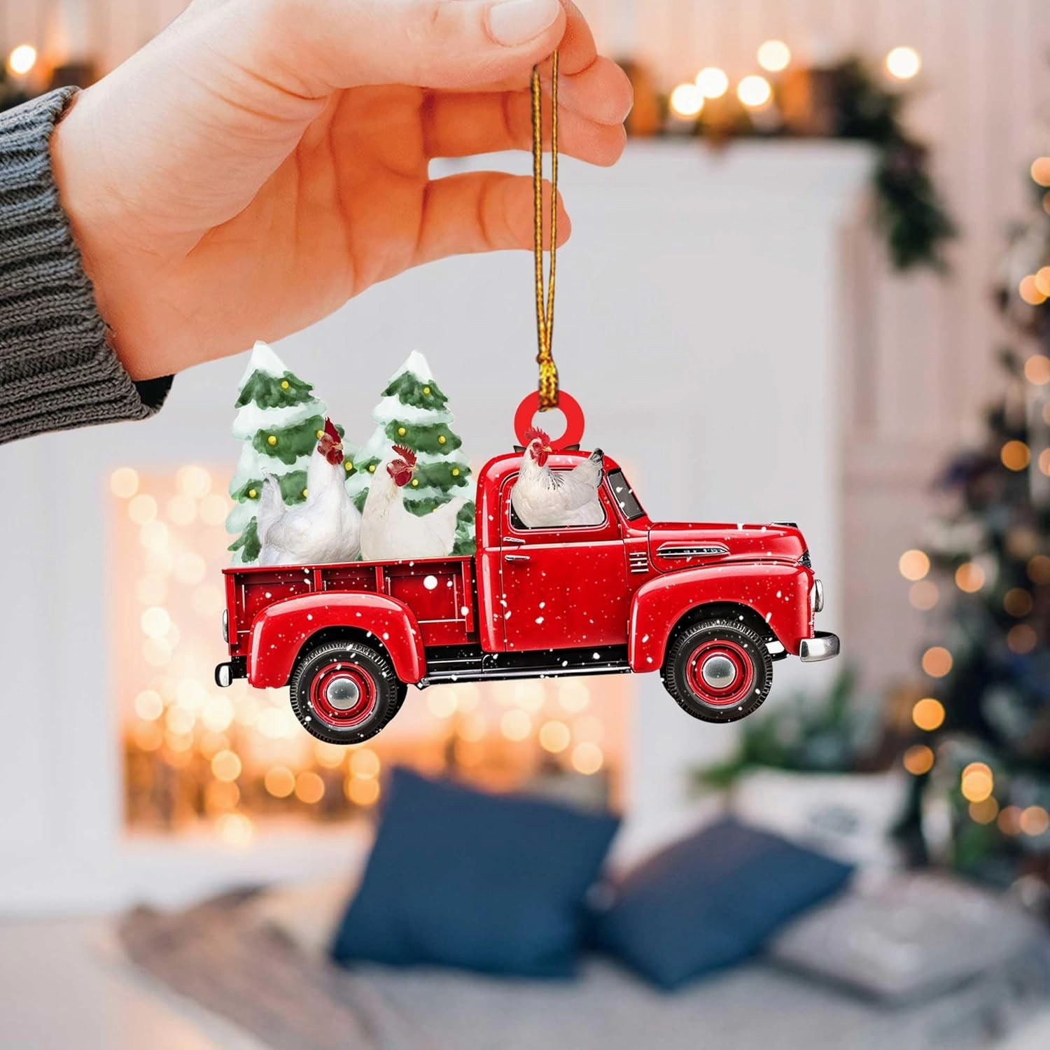 Talataca Chicken 2D Flat Christmas Ornament, Hen Red Pickup Truck, Gallina Pine Tree Decor, Hanging House Charm Eve Keepsake, Car Rear View Mirror Accessories, Xmas Gift