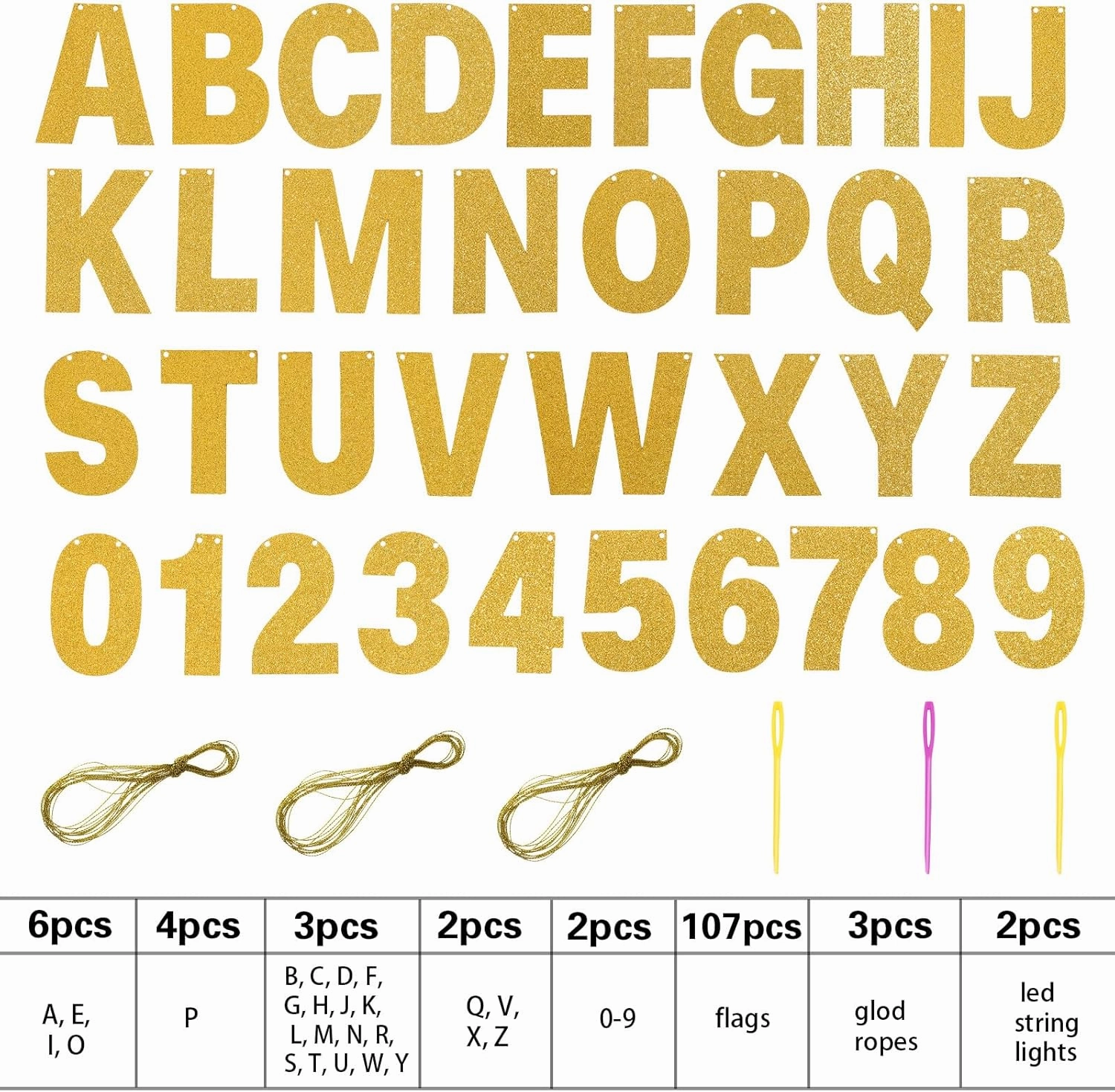 TaoBary 112 Pcs DIY Letter Banner Glitter Customizable Banner Kit Custom Banner Including 107 Letters and Numbers 3 Rope for Christmas Birthday Party(Gold)