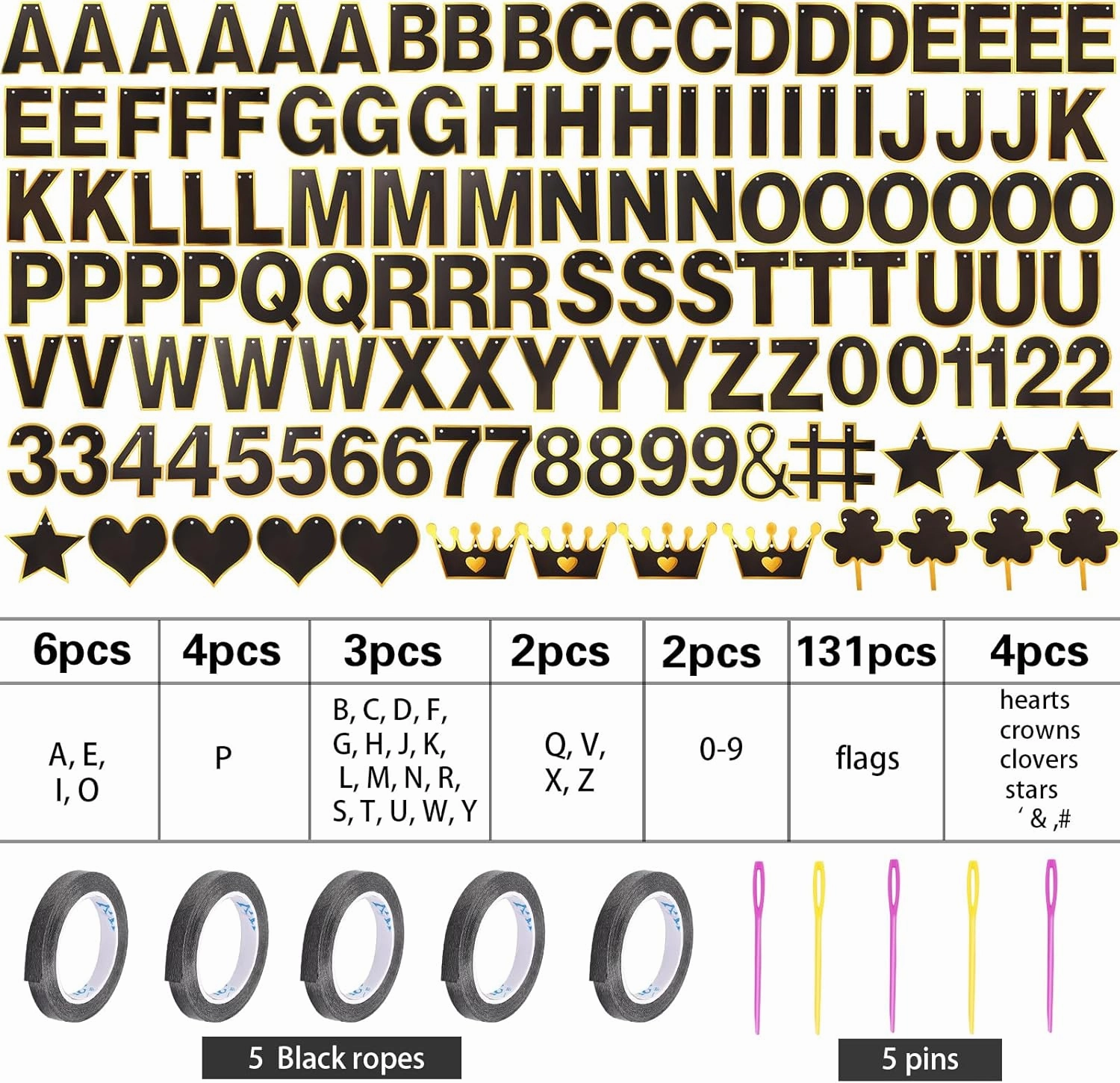 TaoBary 143 Pcs DIY Letter Banner Customizable Happy Birthday Supplies Make Your Own Banner Include Letters, Numbers Symbol Rope Needles for Baby Shower Wedding Bachelor Party Decorations(Black)