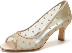 TarfiC Heel Shoes for Women Round Toe Sandals Mary Jane Lace Ivory Satin Slip On Dress Pumps Evening Prom Wedding Shoes