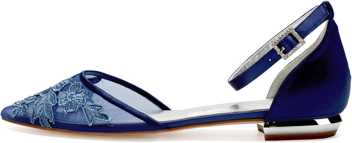TarfiC Wedding Shoes for Women,Women's Pointed Toe Flat Shoes Buckle Lace Evening Party Prom Sandals Low Heel Dress Shoes Pumps