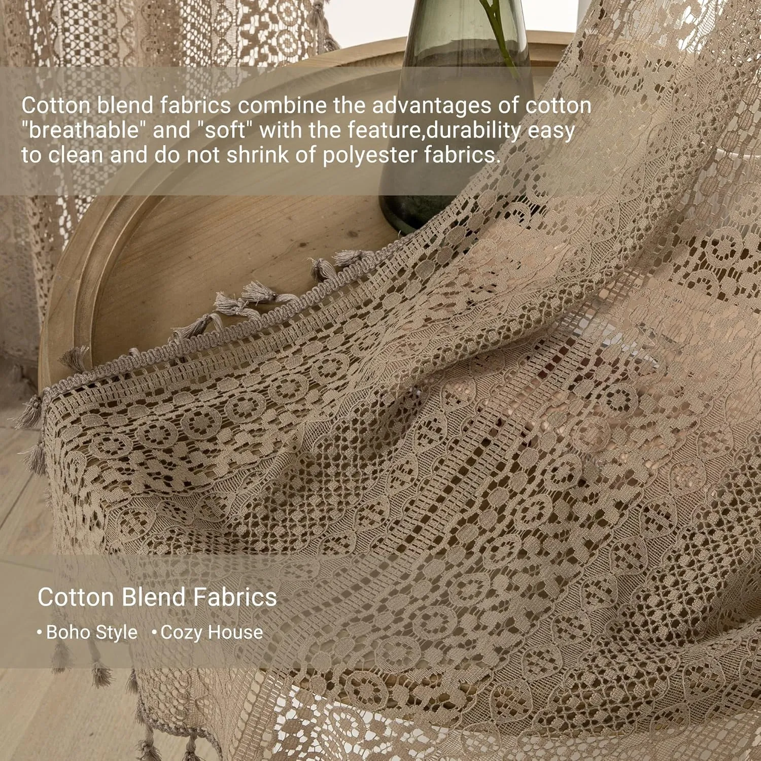 Taupe Boho Curtains - 63" Length, 2 Panels, Cotton Blend Crochet Lace, Rod Pocket, Light Filtering, Semi Sheer, Nude Neutral, for Living Room & Dining Room