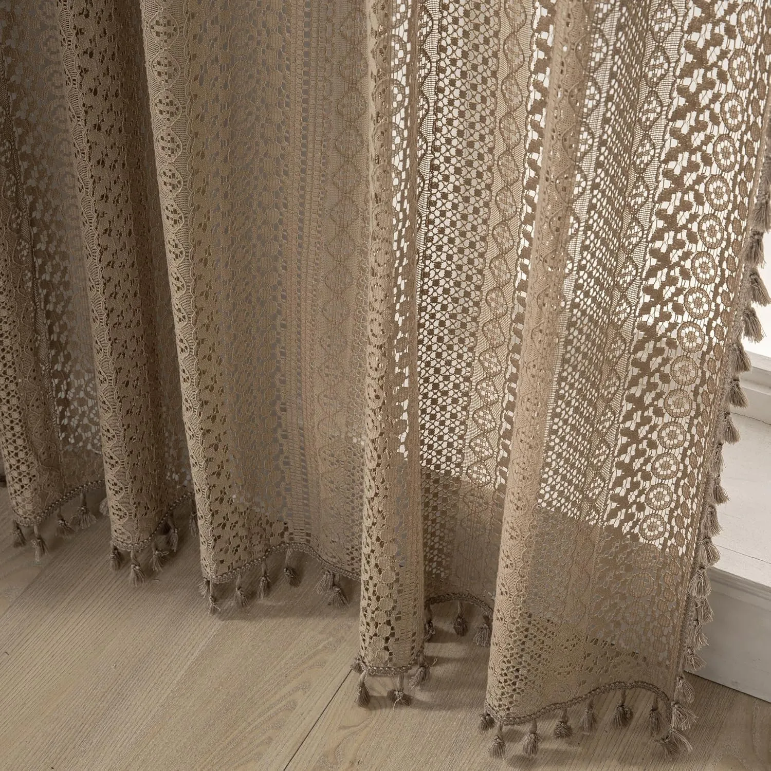 Taupe Boho Curtains - 63" Length, 2 Panels, Cotton Blend Crochet Lace, Rod Pocket, Light Filtering, Semi Sheer, Nude Neutral, for Living Room & Dining Room