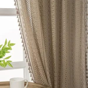 Taupe Boho Curtains - 63" Length, 2 Panels, Cotton Blend Crochet Lace, Rod Pocket, Light Filtering, Semi Sheer, Nude Neutral, for Living Room & Dining Room
