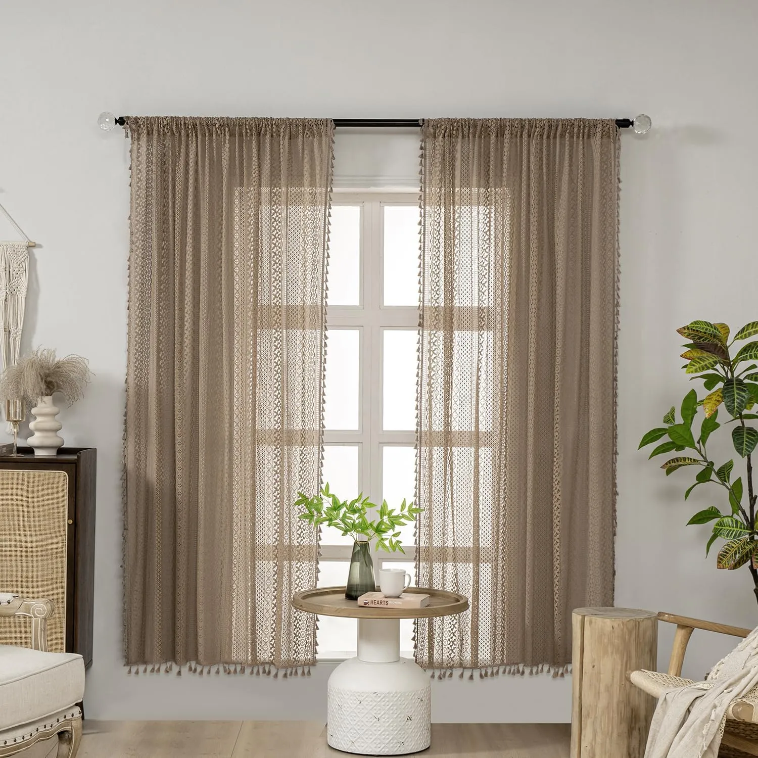 Taupe Boho Curtains - 63" Length, 2 Panels, Cotton Blend Crochet Lace, Rod Pocket, Light Filtering, Semi Sheer, Nude Neutral, for Living Room & Dining Room