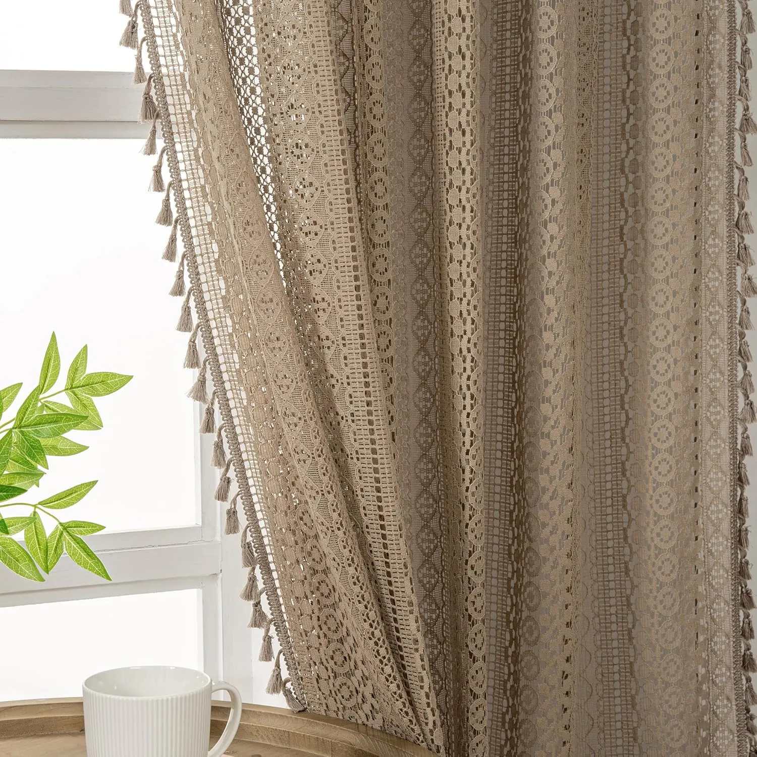 Taupe Boho Curtains - 63" Length, 2 Panels, Cotton Blend Crochet Lace, Rod Pocket, Light Filtering, Semi Sheer, Nude Neutral, for Living Room & Dining Room