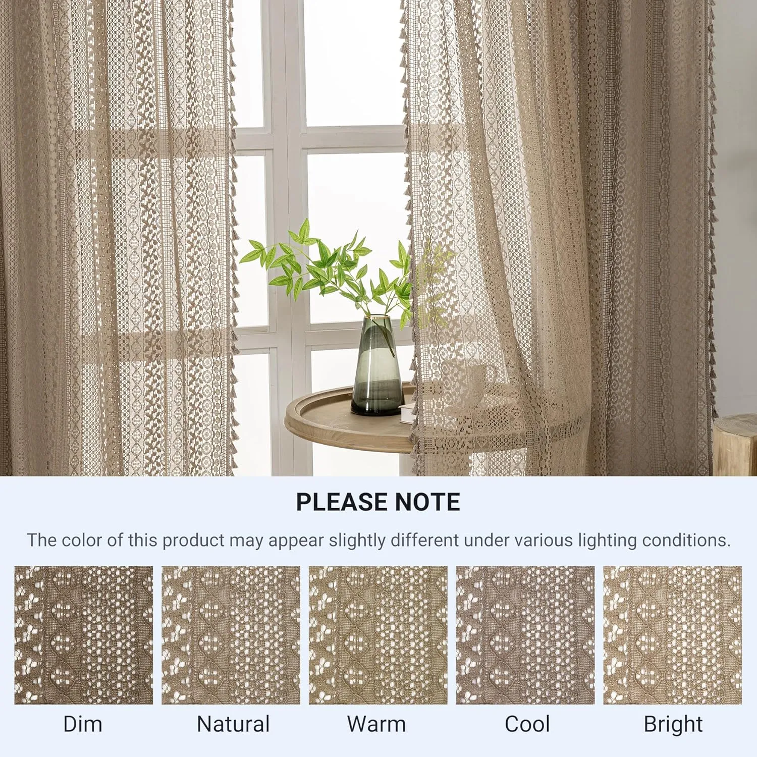 Taupe Boho Curtains - 63" Length, 2 Panels, Cotton Blend Crochet Lace, Rod Pocket, Light Filtering, Semi Sheer, Nude Neutral, for Living Room & Dining Room