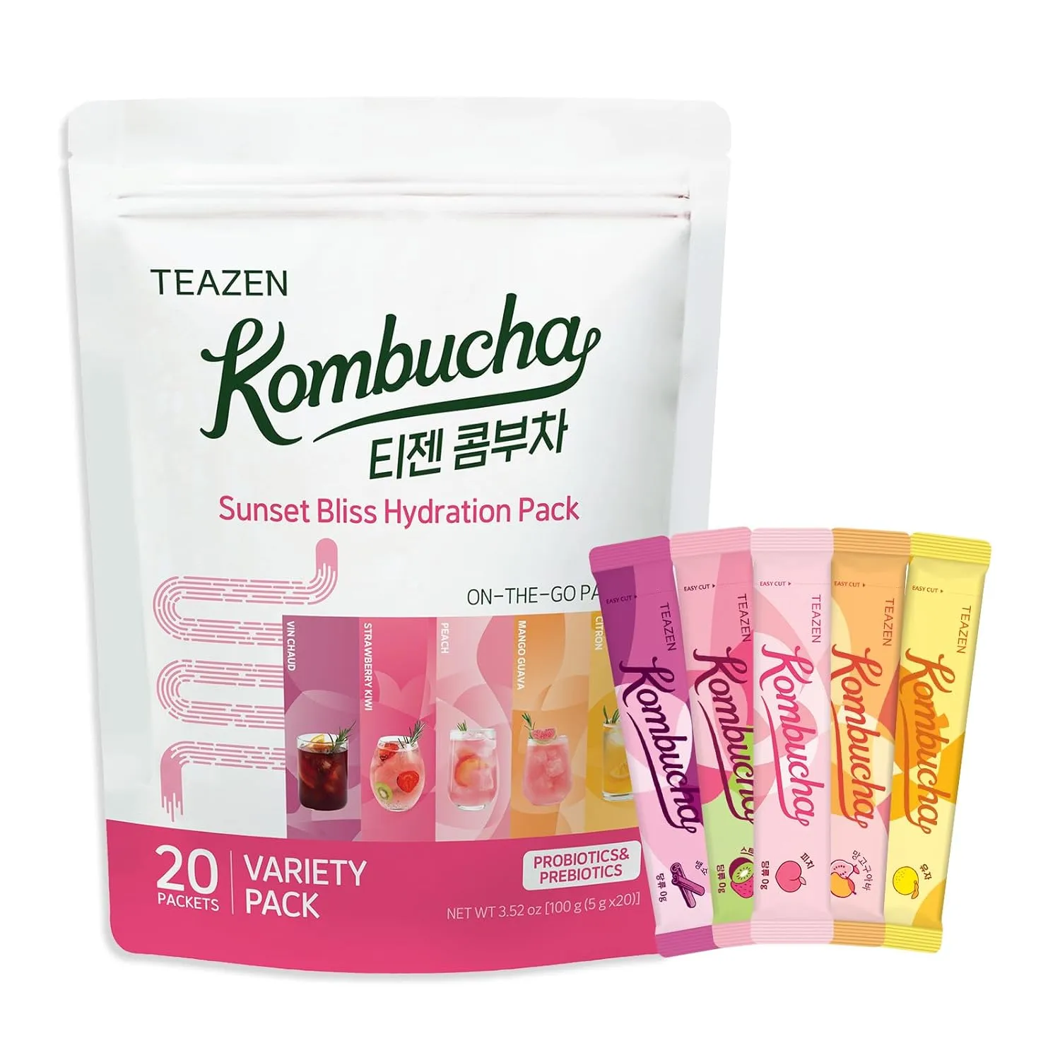 TEAZEN Kombucha Tea Sunset Bliss Hydration Variety Pack - 20 Sticks, 5 Flavors (Peach, Mango-Guava, Strawberry-Kiwi, Citron, Mulled Wine)