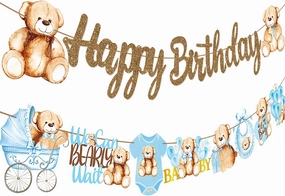 Teddy Bear Happy Birthday Banner Glitter Teddy Bear Birthday Party Supplies Teddy Bear Garland Decorations for Brown Blue We Can Bearly Wait Theme Birthday Party Baby Shower Supplies