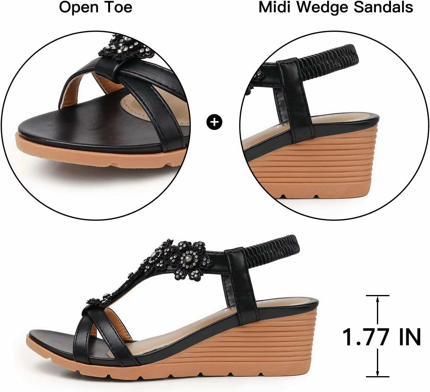 TEMOFON Women's Low Wedge Heels Summer Dressy Platform Sandals Elastic Ankle Strap Open Toe Flower Shoes