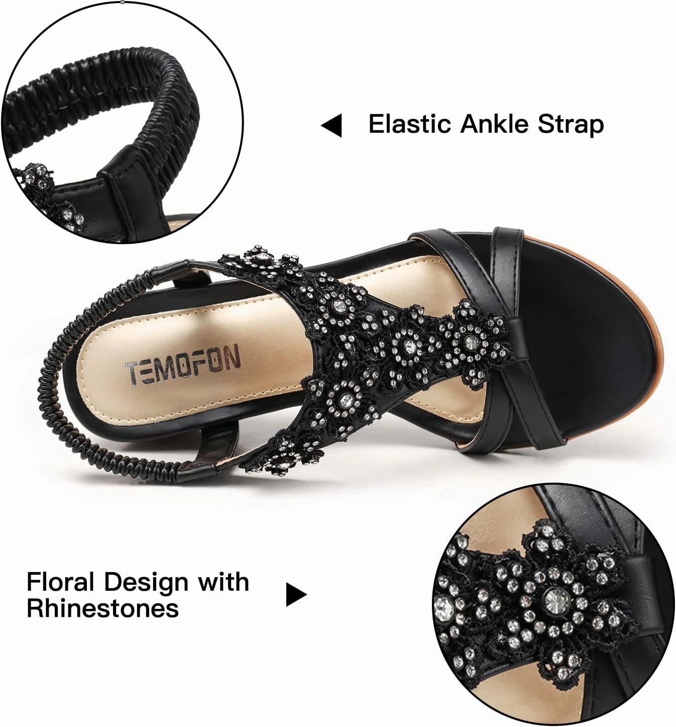 TEMOFON Women's Low Wedge Heels Summer Dressy Platform Sandals Elastic Ankle Strap Open Toe Flower Shoes
