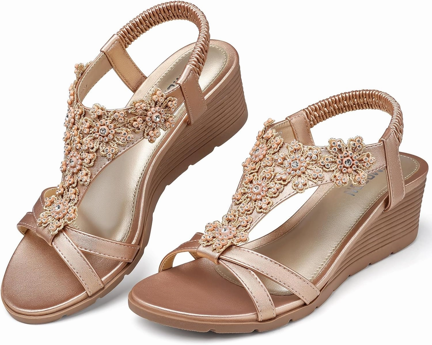 TEMOFON Women's Low Wedge Heels Summer Dressy Platform Sandals Elastic Ankle Strap Open Toe Flower Shoes