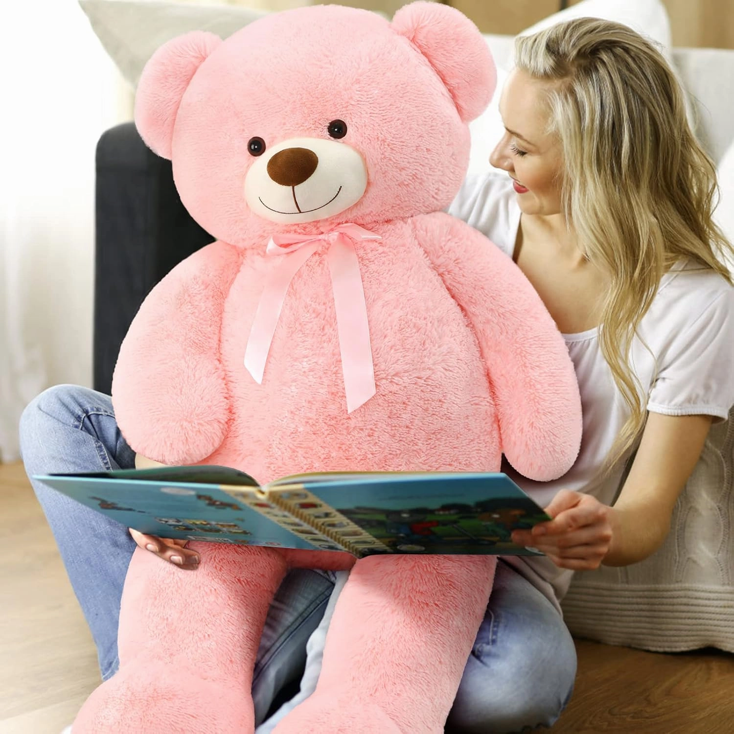 Tezituor 52in Giant Teddy Bear Stuffed Animal, Pink Big Teddy Bear Plush for Girlfriend, Kids, Life Size Large Teddy Bear Gift for Valentine’s Day, Christmas, Birthday