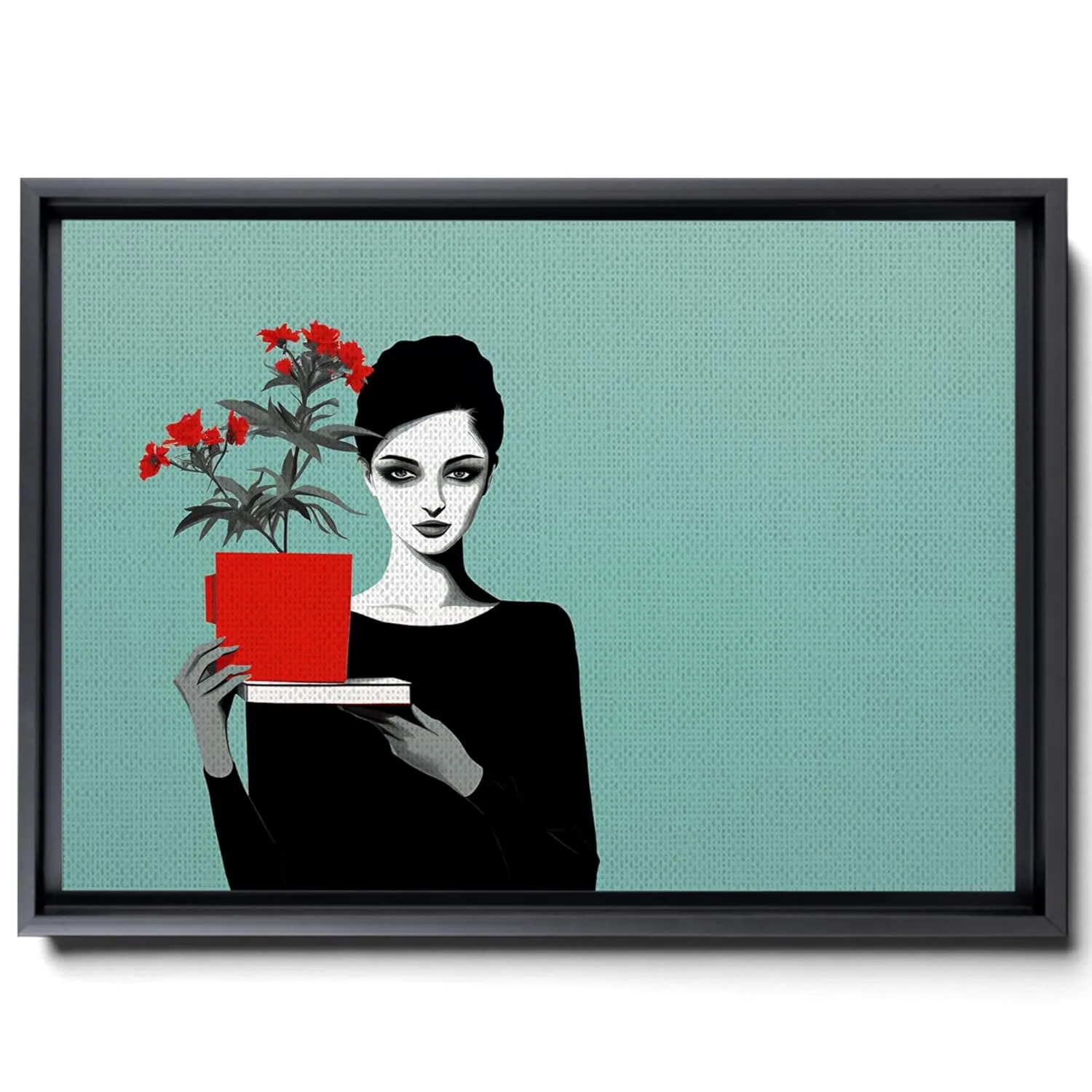 The Artist Is Holding Her Own Book And Coffee, In The Style Of Minimalist Illustrator, Made Of Flowers, Light Emerald And Red, Romantic Gestures, Canvas Prints